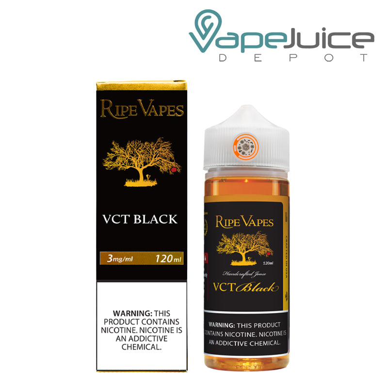 A Box of VCT Black Ripe Vapes eLiquid with a warning sign and a 120ml bottle next to it - Vape Juice Depot
