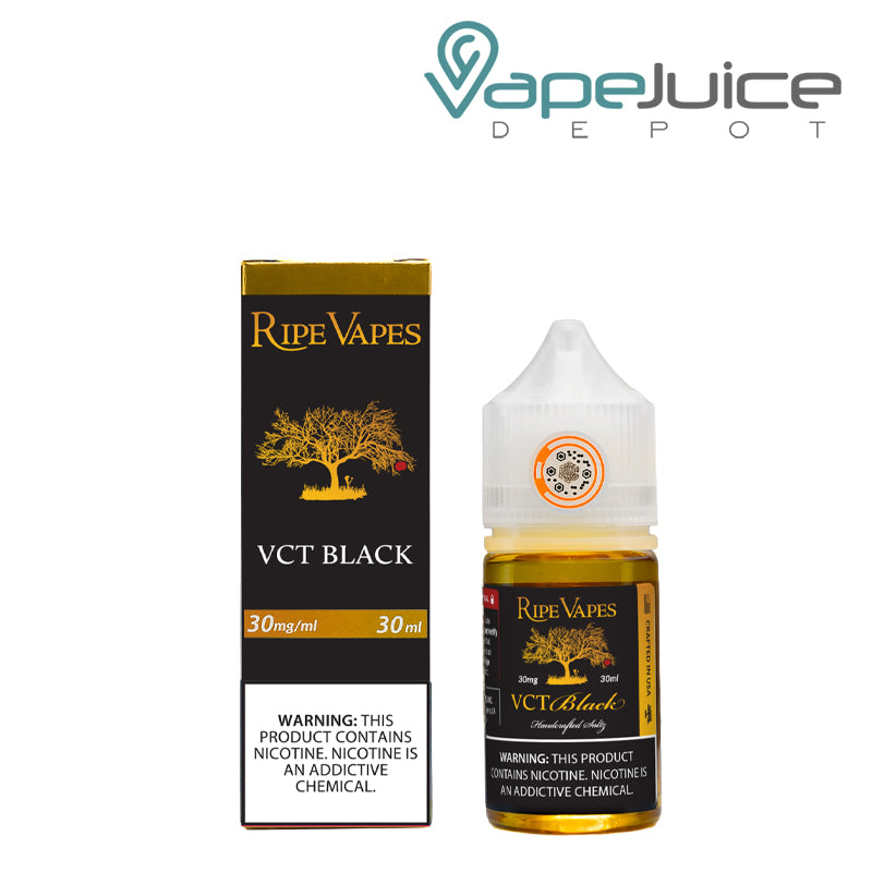 A Box of VCT Black Saltz Ripe Vapes with a warning sign and a 30ml bottle next to it - Vape Juice Depot