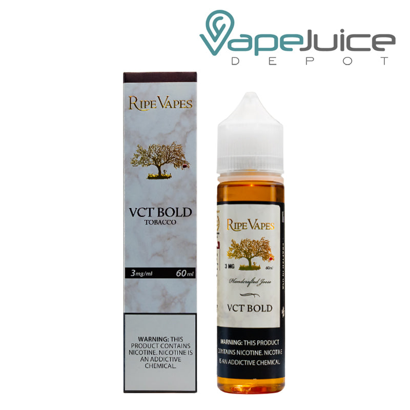 A Box of VCT Bold Ripe Vapes eLiquid with a warning sign and a 60ml bottle next to it - Vape Juice Depot