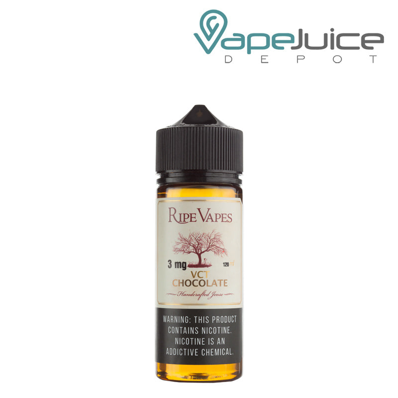 A 120ml bottle of VCT Chocolate Ripe Vapes eLiquid with a warning sign - Vape Juice Depot