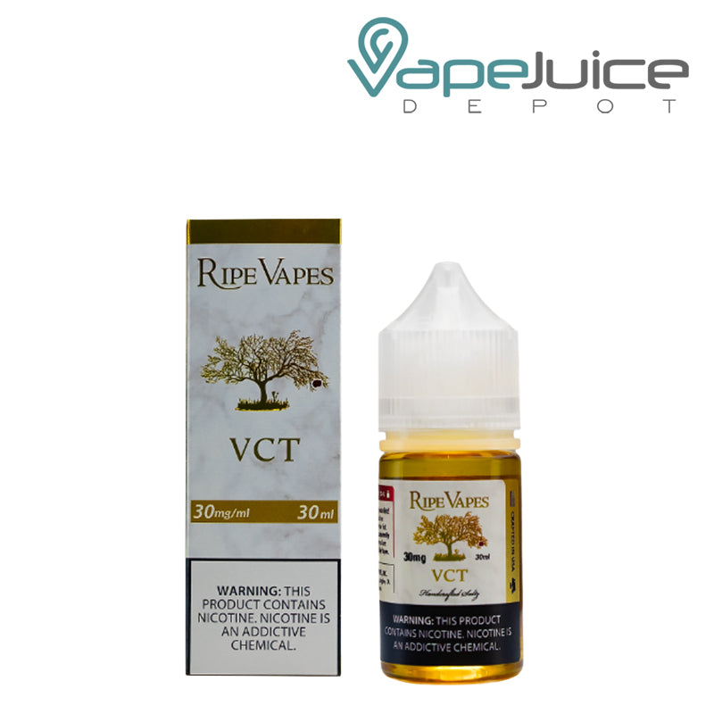 A Box of VCT Handcrafted Saltz Ripe Vapes with a warning sign and a 30ml bottle next to it - Vape Juice Depot