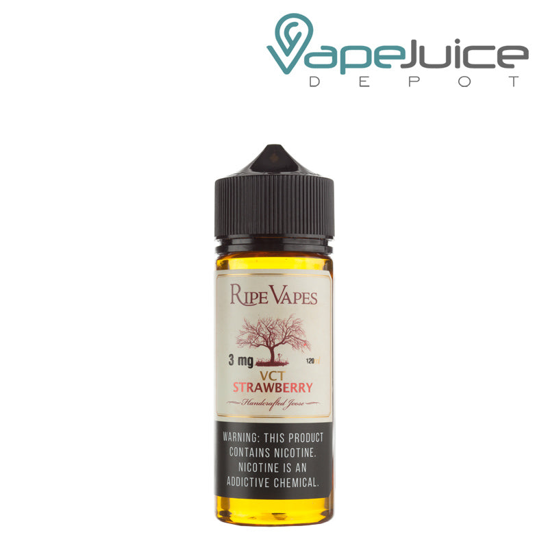A 120ml bottle of VCT Strawberry Ripe Vapes eLiquid with a warning sign - Vape Juice Depot