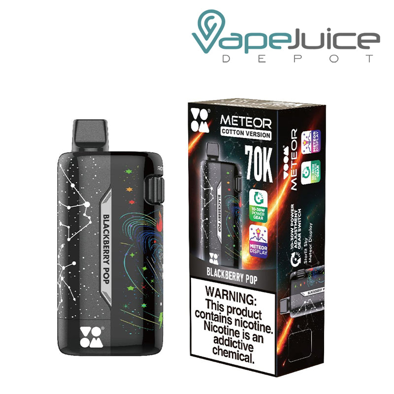 A Blackberry Pop VOOM Meteor 70K Disposable with LCD Screen and a box with a warning sign next to it - Vape Juice Depot