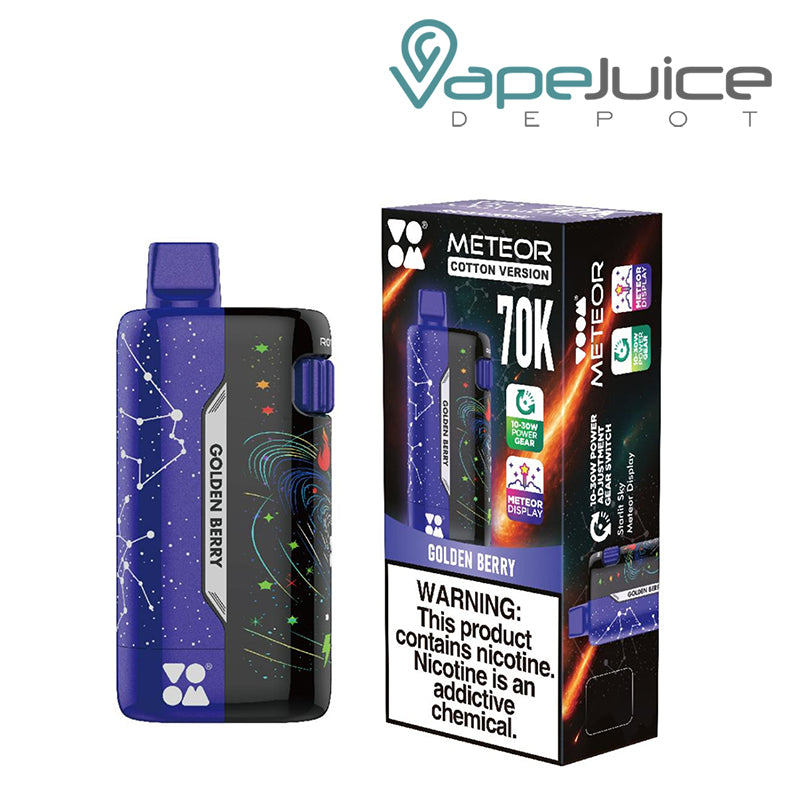 A Golden Berry VOOM Meteor 70K Disposable with LCD Screen and a box with a warning sign next to it - Vape Juice Depot
