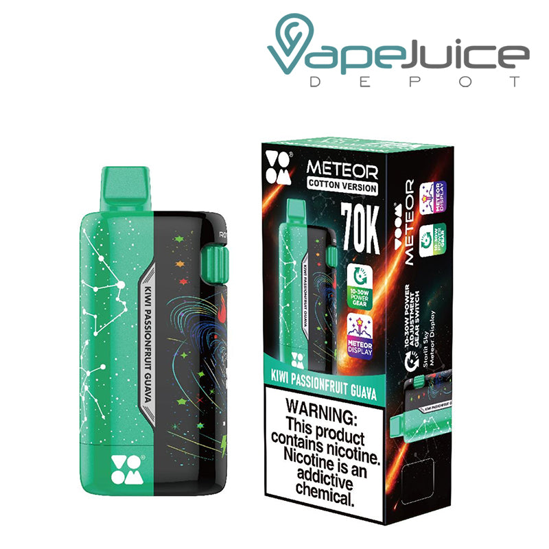 A Kiwi Passionfruit Guava VOOM Meteor 70K Disposable with LCD Screen and a box with a warning sign next to it - Vape Juice Depot