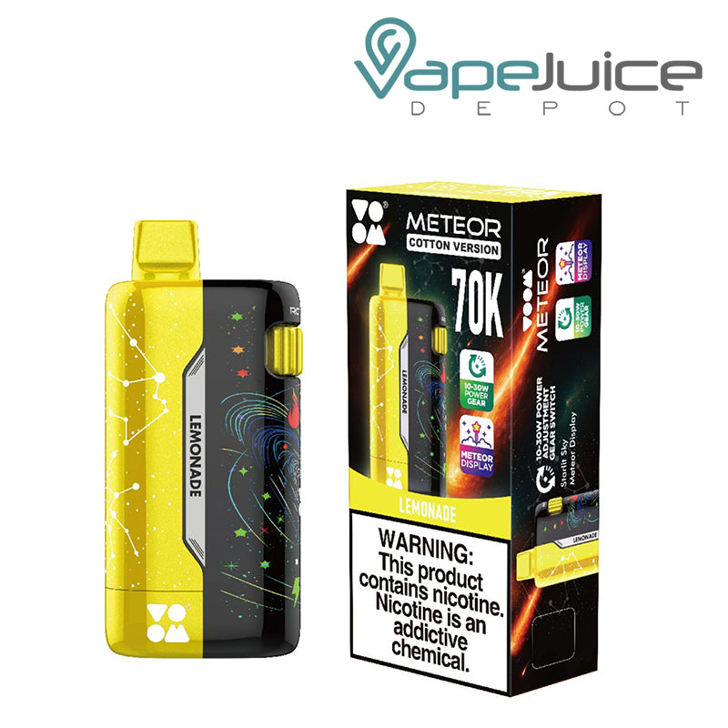 A Lemonade VOOM Meteor 70K Disposable with LCD Screen and a box with a warning sign next to it - Vape Juice Depot