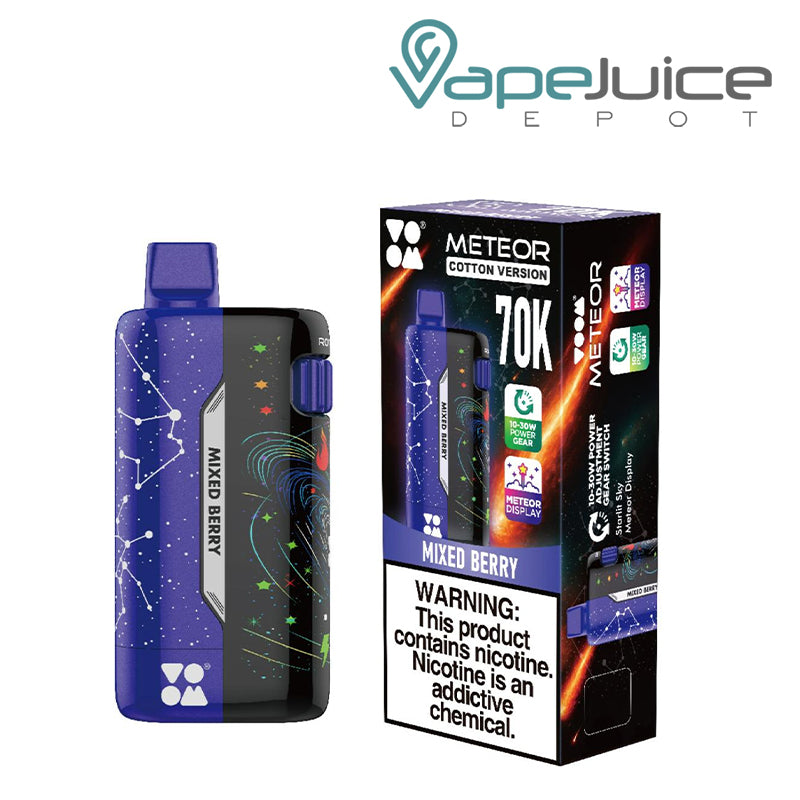 A Mixed Berry VOOM Meteor 70K Disposable with LCD Screen and a box with a warning sign next to it - Vape Juice Depot