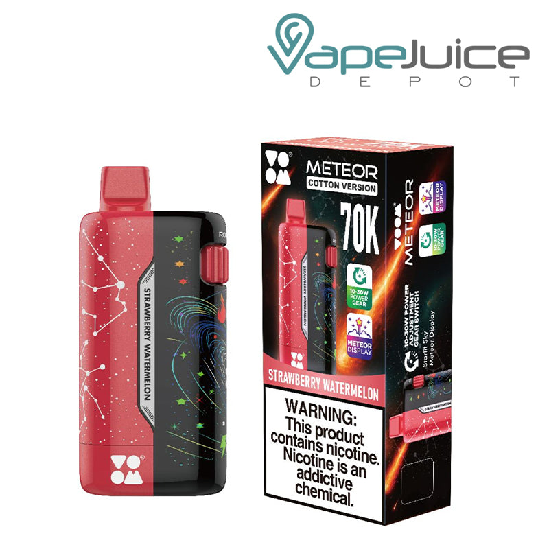 A Strawberry Watermelon VOOM Meteor 70K Disposable with LCD Screen and a box with a warning sign next to it - Vape Juice Depot