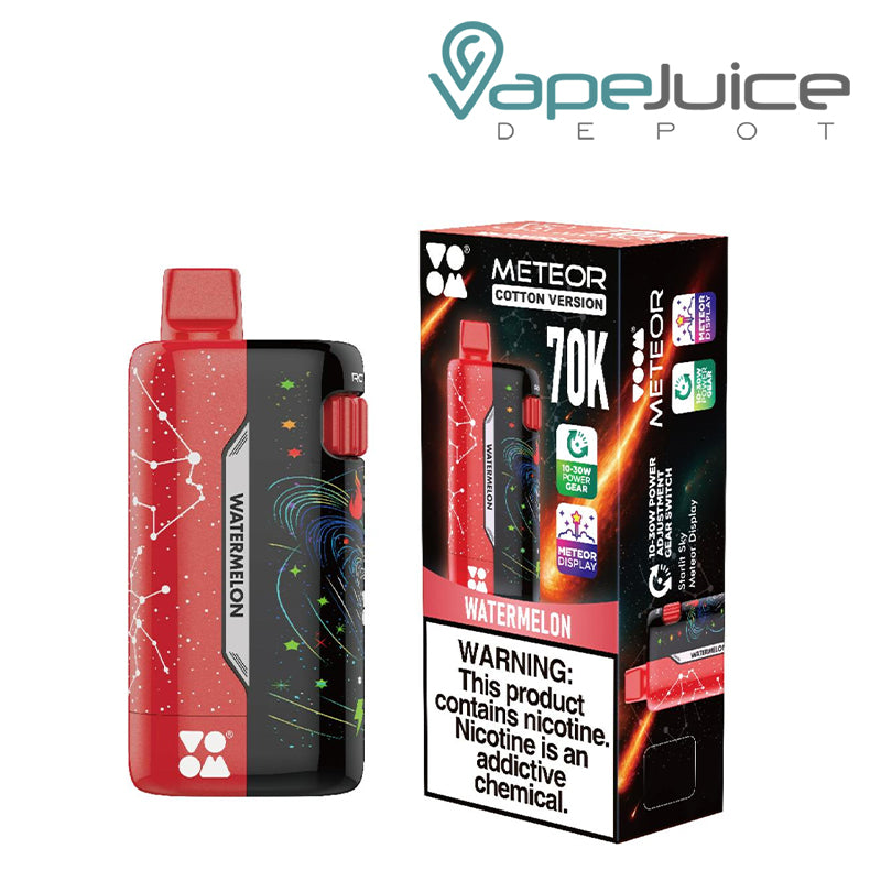 A Watermelon VOOM Meteor 70K Disposable with LCD Screen and a box with a warning sign next to it - Vape Juice Depot