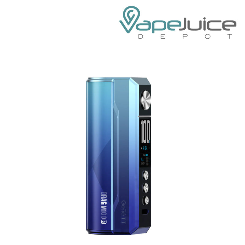 Cyan & Blue VooPoo DRAG M100S Box Mod with display screen and adjustment buttons - Vape Juice Depot