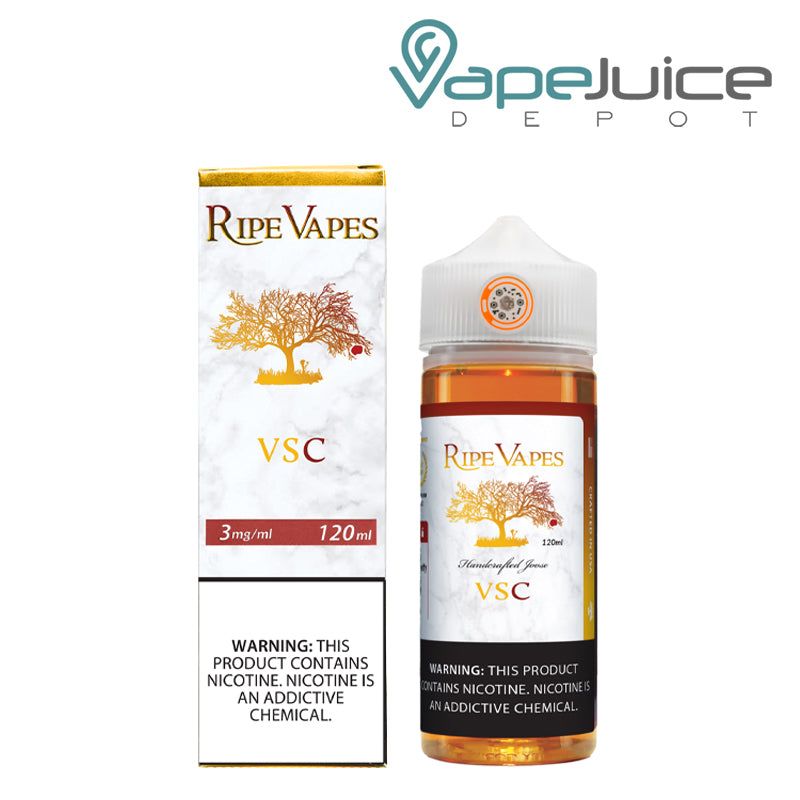 A Box of VSC Ripe Vapes eLiquid with a warning sign and a 120ml bottle next to it - Vape Juice Depot