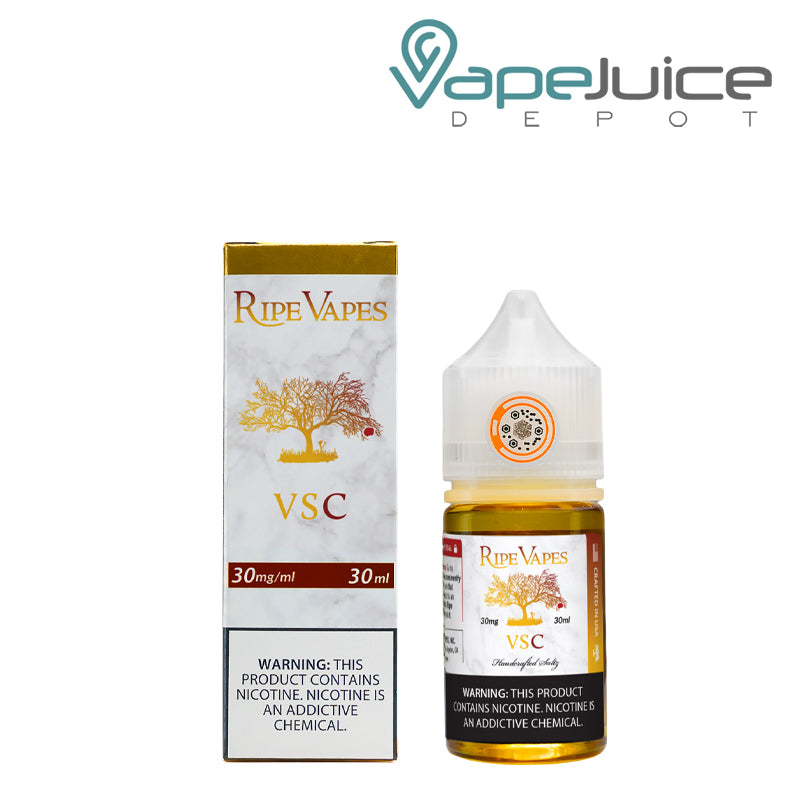 A Box of VSC Saltz Ripe Vapes with a warning sign and a 30ml bottle next to it - Vape Juice Depot