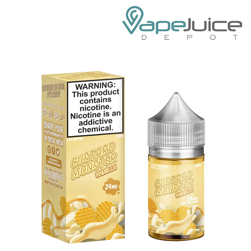 A box of Vanilla Custard Monster Salts with a warning sign and a 30ml bottle next to it - Vape Juice Depot