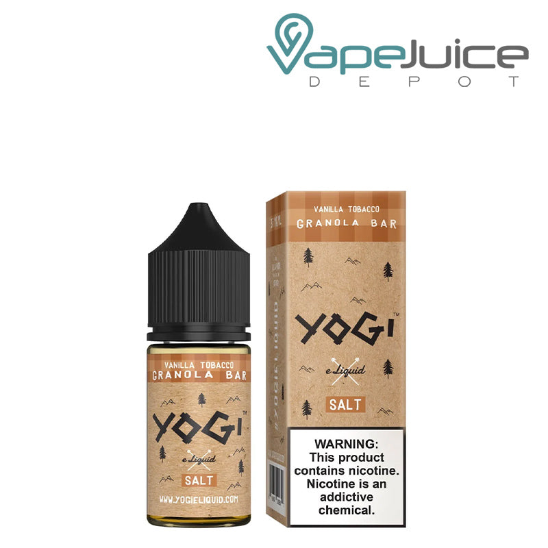 A 30ml bottle of Vanilla Tobacco Granola Bar YOGI Salts and a box with a warning sign next to it - Vape Juice Depot