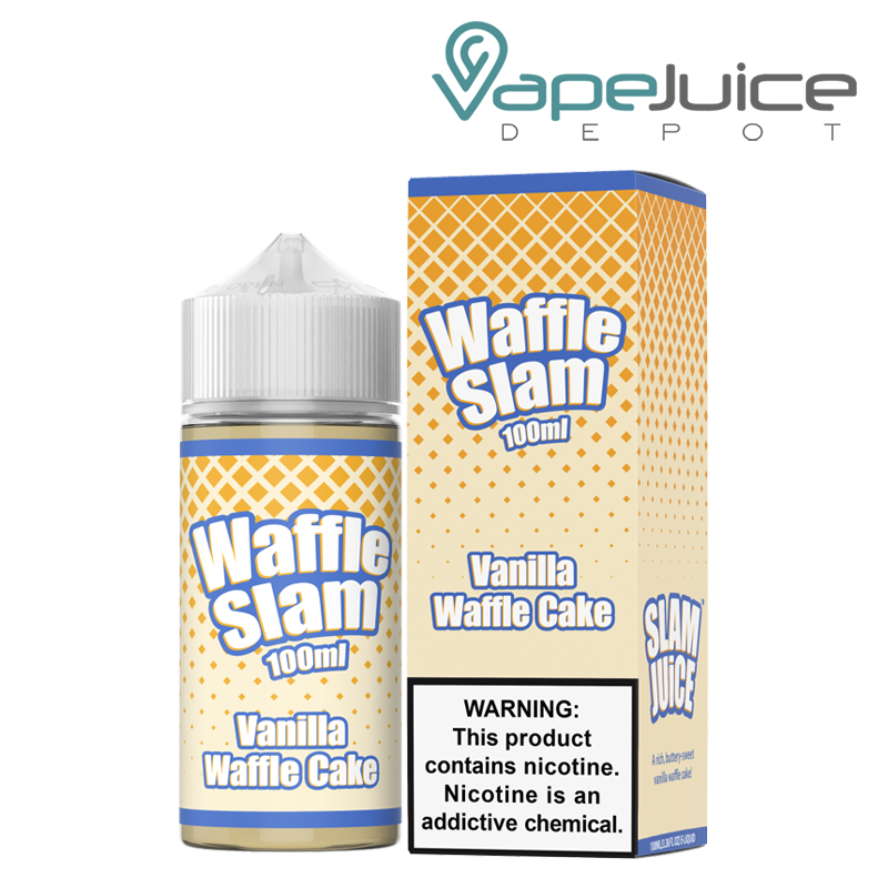 A bottle of Vanilla Waffle Cake Waffle Slam Juice 100ml and a box with a warning sign next to it - Vape Juice Depot