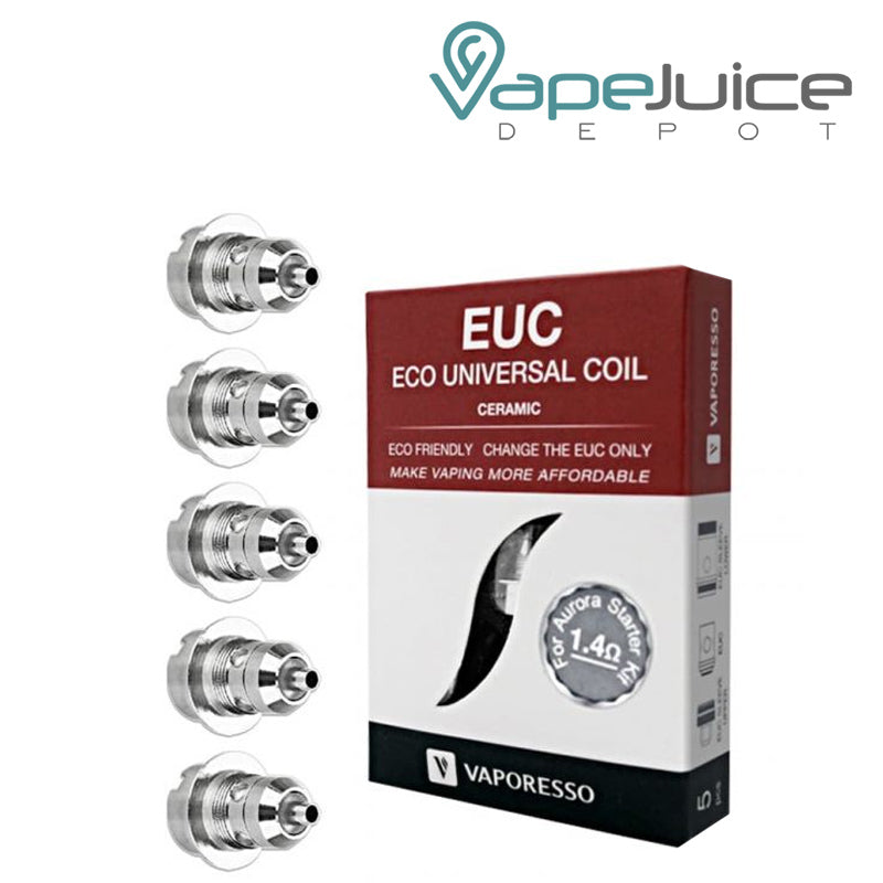 Five coils of Vaporesso EUC Replacement Coils and a box with next to it - Vape Juice Depot