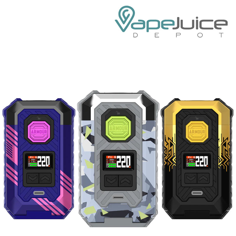 Three different colors of Vaporesso Armour S Box Mod with display screen and adjustment buttons - Vape Juice Depot