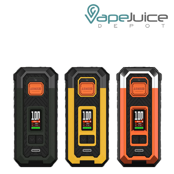 Three colors of Vaporesso Armour S Box Mod with display screen and adjustment buttons - Vape Juice Depot