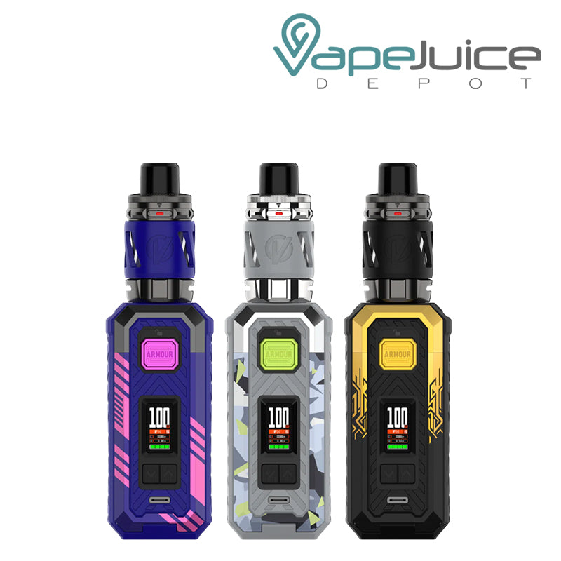 Three Colors of Vaporesso Armour S Mod Kit with display screen and adjustment buttons - Vape Juice Depot