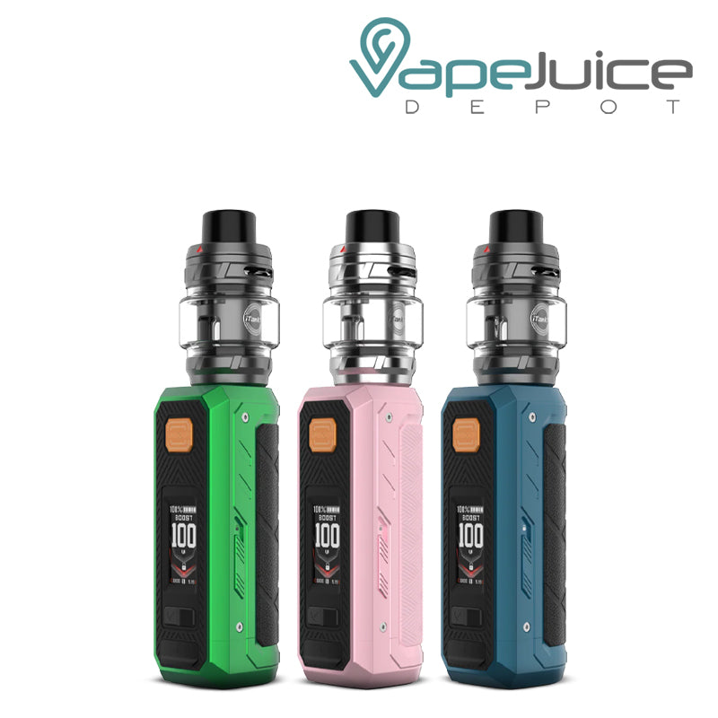 Three Colors of Vaporesso Armour Ultra Box Kit with buttons and display screen - Vape Juice Depot