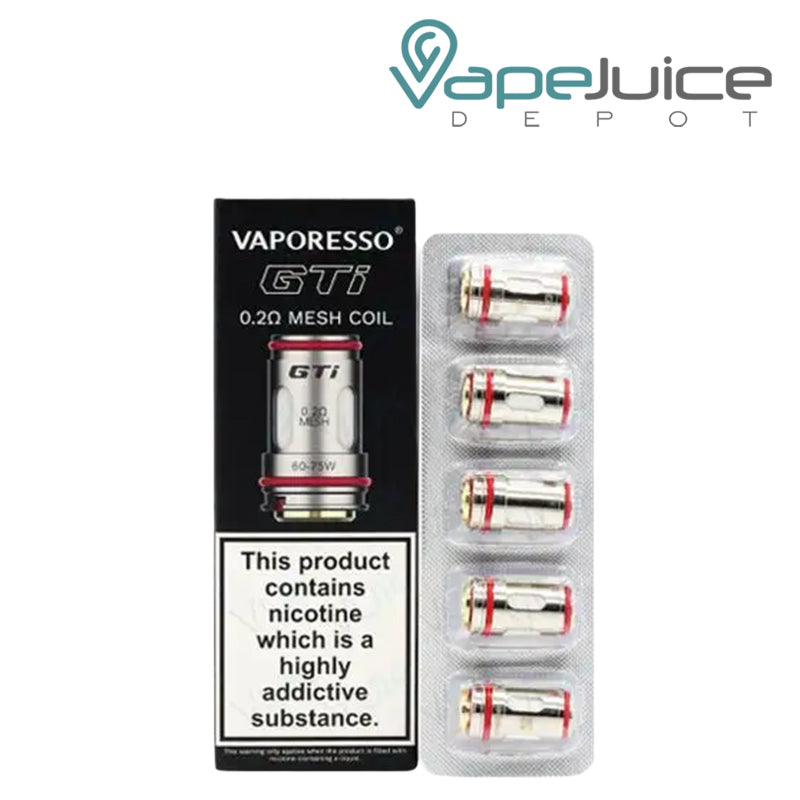 A Box of 0.2ohm Vaporesso GTi Replacement Coils and a pack of coils next to it - Vape Juice Depot