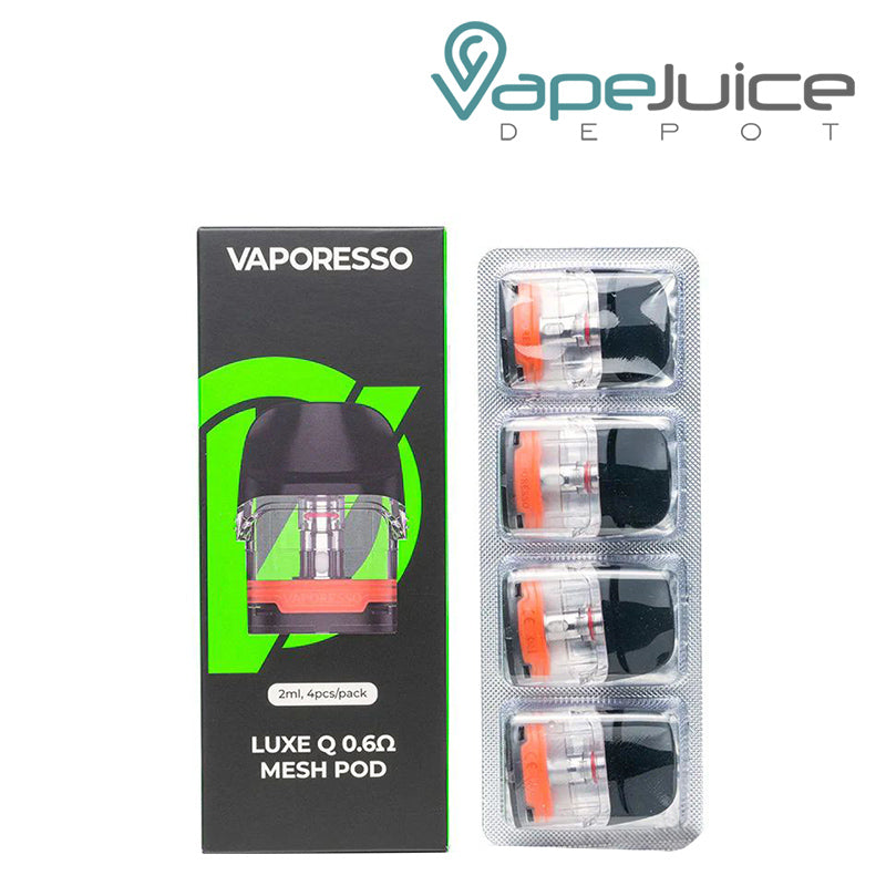 A Box of 0.6ohm Vaporesso LUXE Q Replacement Pod and a pack of four pods next to it - Vape Juice Depot