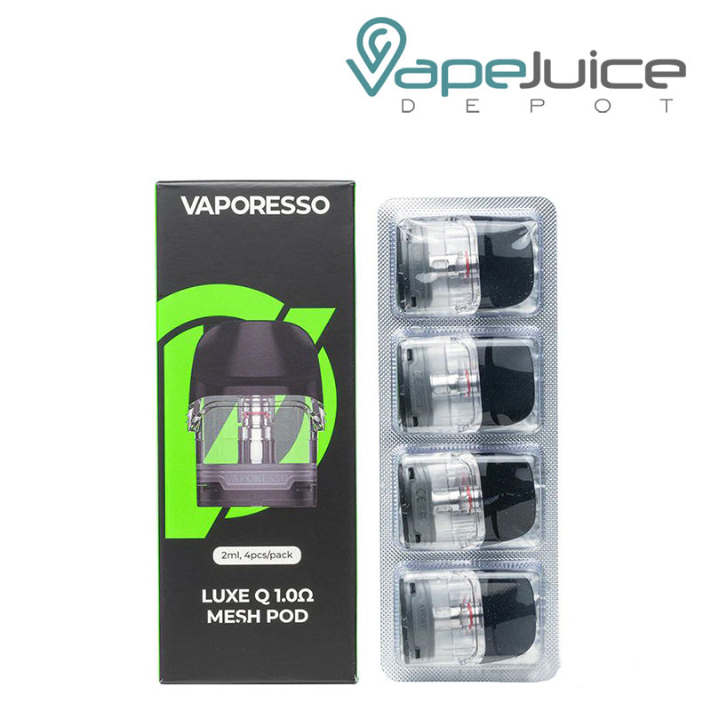 A Box of 1.0ohm Vaporesso LUXE Q Replacement Pod and a pack of four pods next to it - Vape Juice Depot