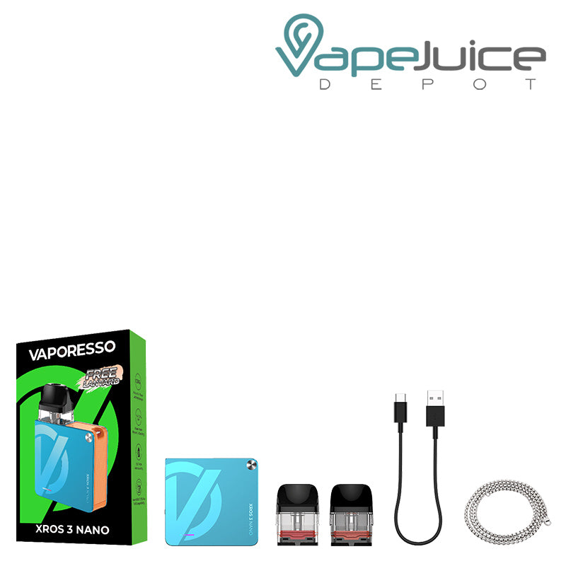 The box of Vaporesso XROS 3 NANO Pod Kit, kit, pods and USB cable - Vape Juice Depot