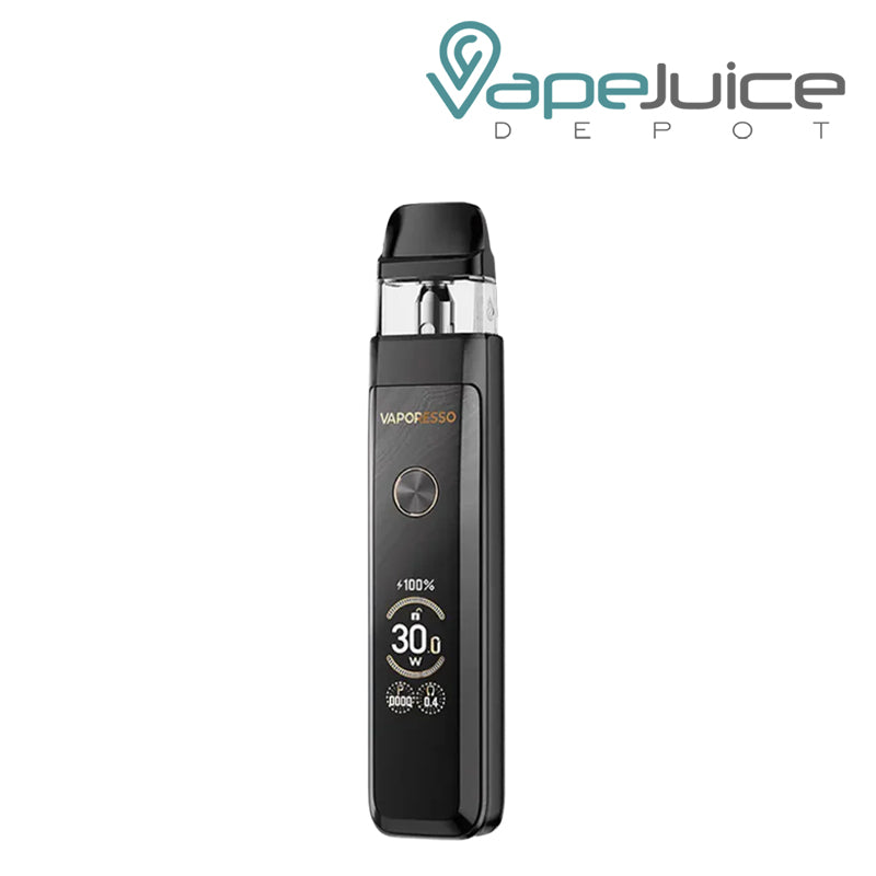 A Glittering Black XROS Pro 2 Pod Kit featuring an OLED display screen, adjustable airflow slider, and front power button – Vape Juice Depot.