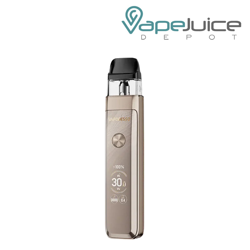 A Glittering Gold Vaporesso XROS Pro 2 Pod Kit featuring an OLED display screen, adjustable airflow slider, and front power button – Vape Juice Depot.