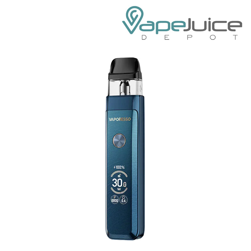 A Glittering Storm Blue XROS Pro 2 Pod Kit featuring an OLED display screen, adjustable airflow slider, and front power button – Vape Juice Depot.