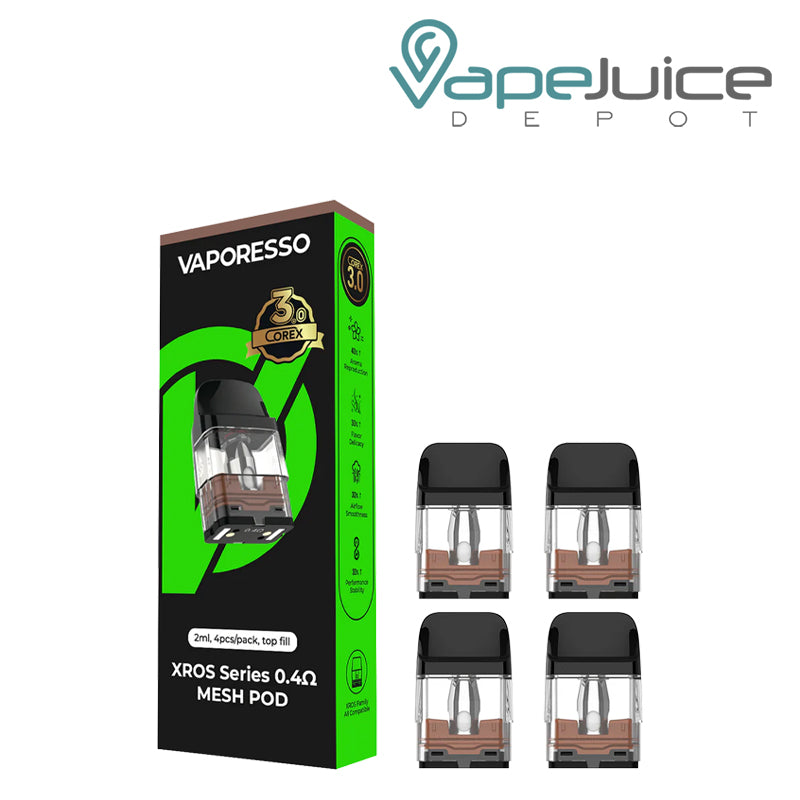 The box of Vaporesso XROS Series-Corex 3.0 0.4ohm-3ml Replacement Pods next to four pods - Vape Juice Depot