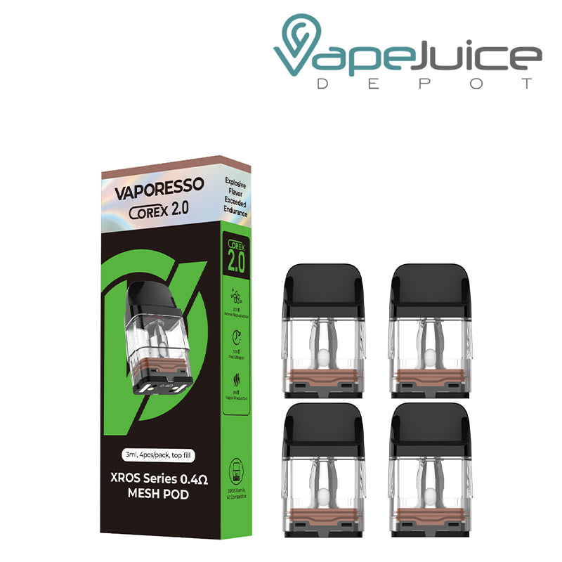 The box of Vaporesso XROS Series-Corex 0.4-3ml Replacement Pods next to four pods - Vape Juice Depot