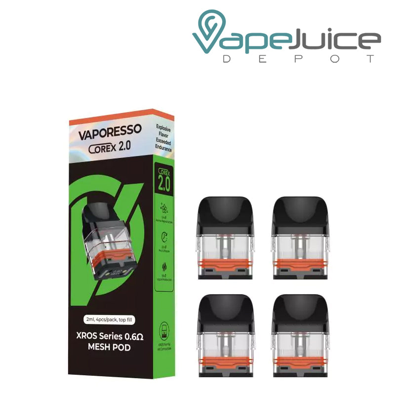 The box of Vaporesso XROS Series-Corex 0.6-2ml Replacement Pods next to four pods - Vape Juice Depot