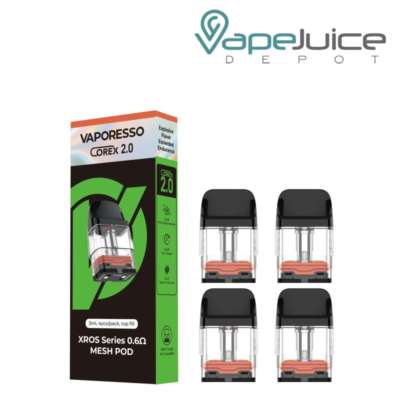The box of Vaporesso XROS Series-Corex 0.6-3ml Replacement Pods next to four pods - Vape Juice Depot