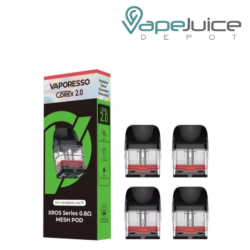 The box of Vaporesso XROS Series-Corex 0.8-2ml Replacement Pods next to four pods - Vape Juice Depot