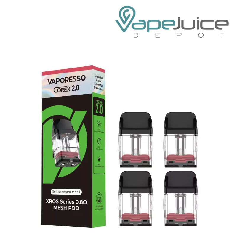The box of Vaporesso XROS Series-Corex 0.8-3ml Replacement Pods next to four pods - Vape Juice Depot