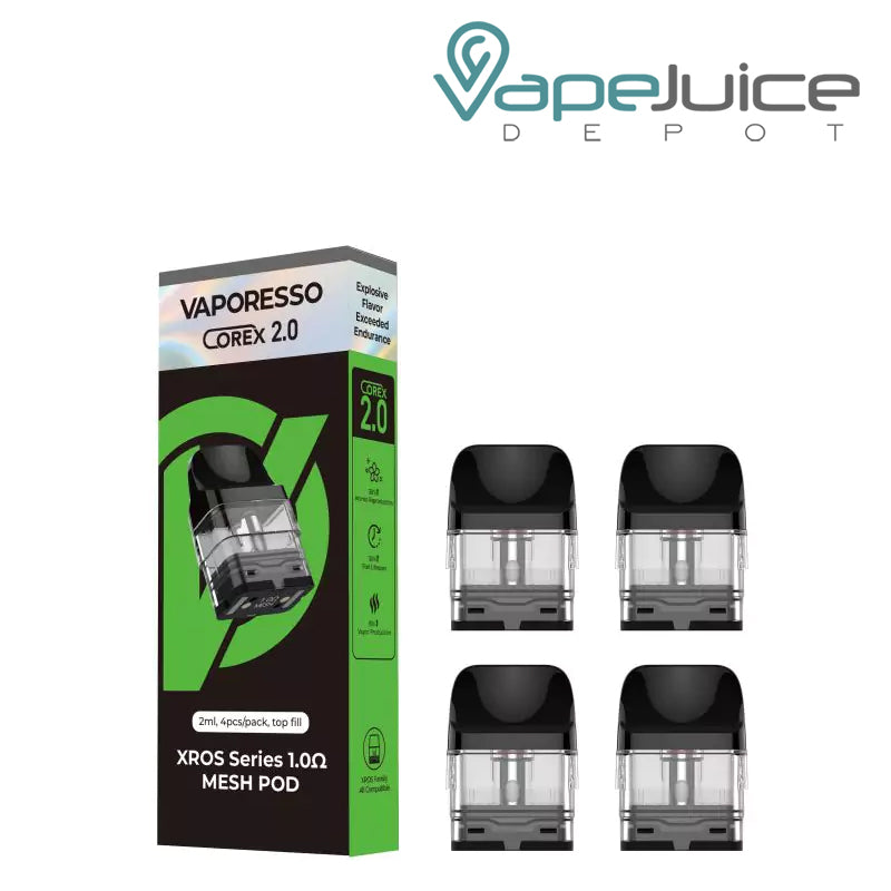 The box of Vaporesso XROS Series-Corex 1.0-2ml Replacement Pods next to four pods - Vape Juice Depot