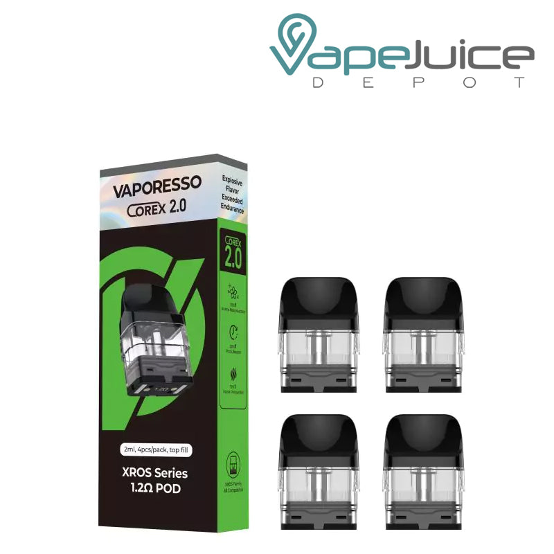 The box of Vaporesso XROS Series-Corex 1.2-2ml Replacement Pods next to four pods - Vape Juice Depot