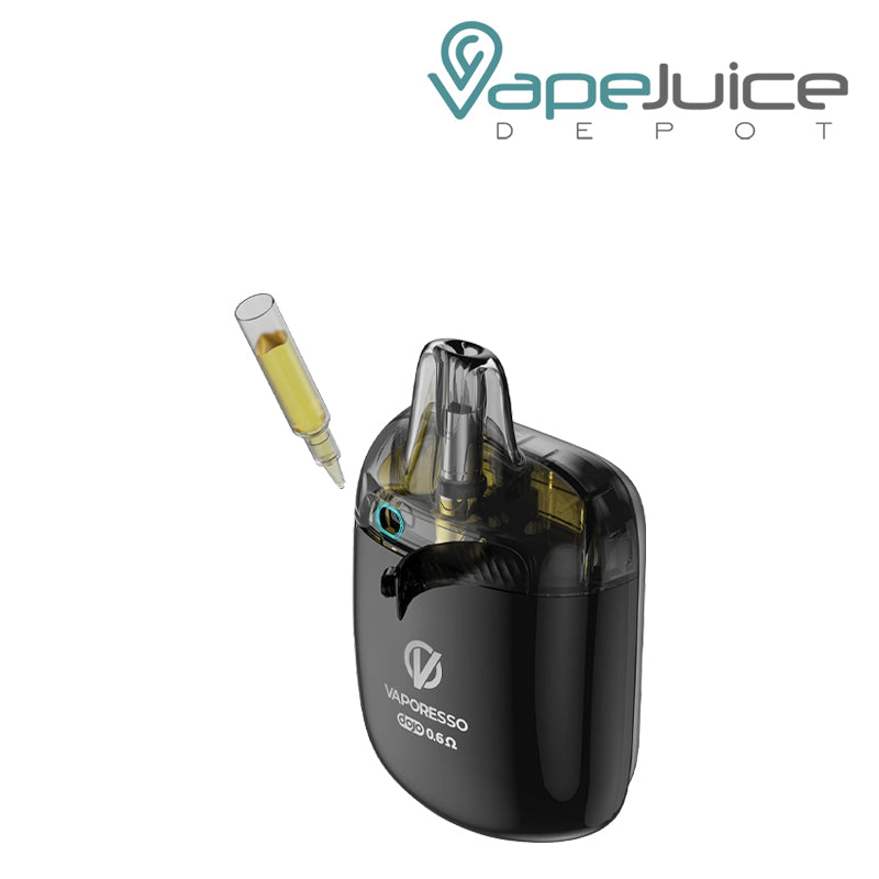 A Vaporesso X Dojo iMate OS Replacement Pod featuring a side-fill port with a dropper bottle and a transparent top pod design - Vape Juice Depot