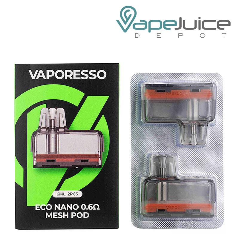 A Box of Vaporesso ECO Nano Replacement Pods 0.6ohm and a pods next to it - Vape Juice Depot