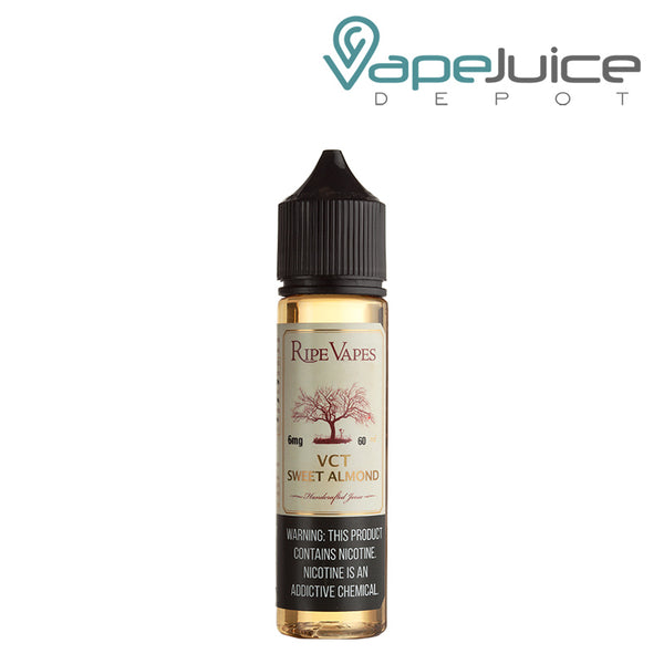 A 60ml bottle of VCT Sweet Almond Ripe Vapes eLiquid with a warning sign - Vape Juice Depot