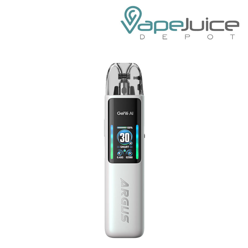 Pearl White VooPoo ARGUS G2 Pod System Kit with a display screen - Vape Juice Depot