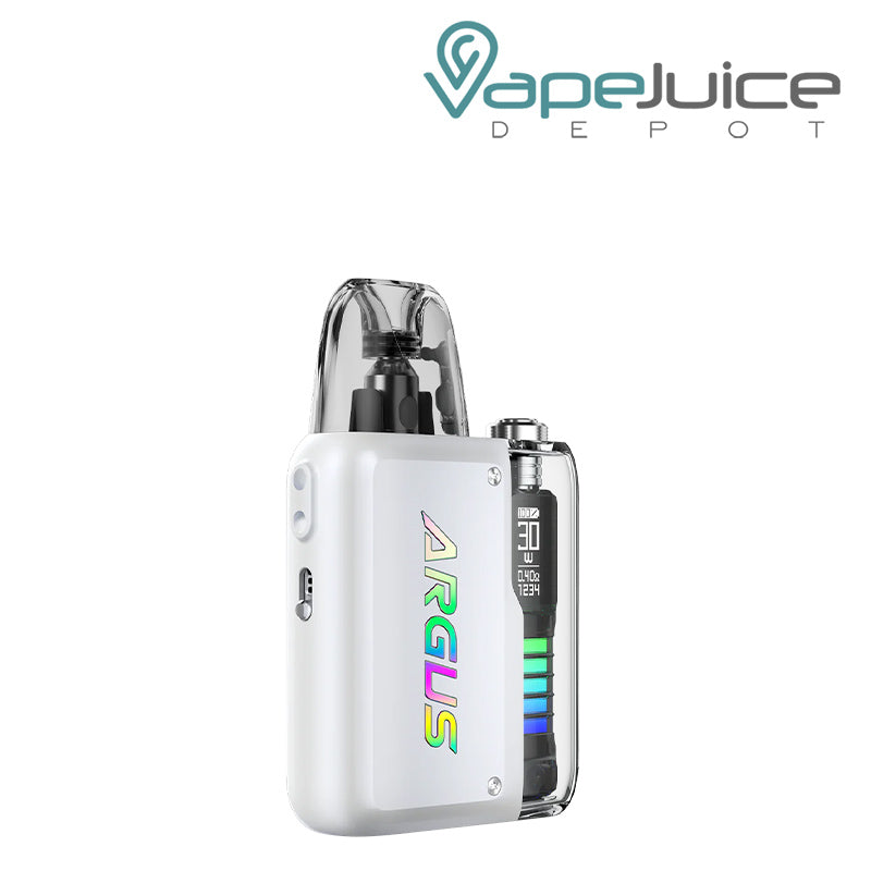 Pearl White VooPoo ARGUS P2 Pod System Kit with display screen and adjustment button - Vape Juice Depot