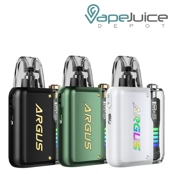 Three Colors of VooPoo ARGUS P2 Pod System Kit with display screen and adjustment button - Vape Juice Depot