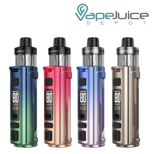 Four Colors of VooPoo ARGUS Pro 2 Pod Mod Kit with a display screen and adjustment button - Vape Juice Depot