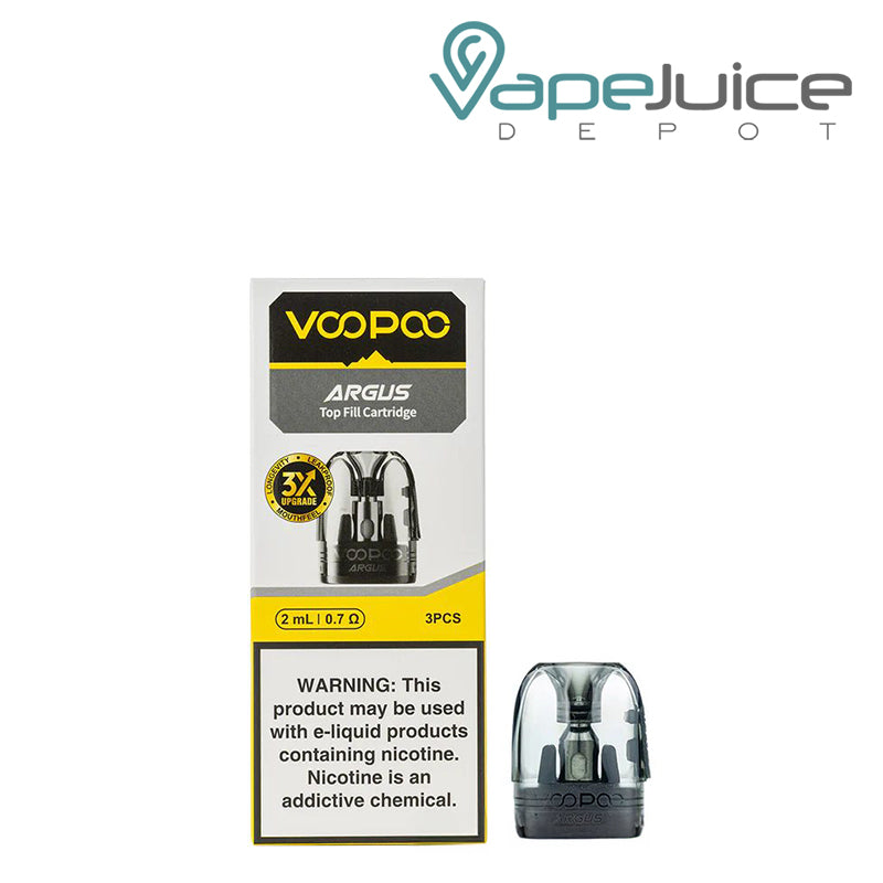 A Box of VooPoo ARGUS Replacement Pods with a warning sign and a 0.7ohm pod next to it - Vape Juice Depot