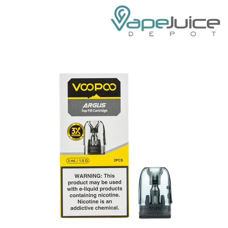 A Box of VooPoo ARGUS Replacement Pods with a warning sign and a 1.0ohm pod next to it - Vape Juice Depot