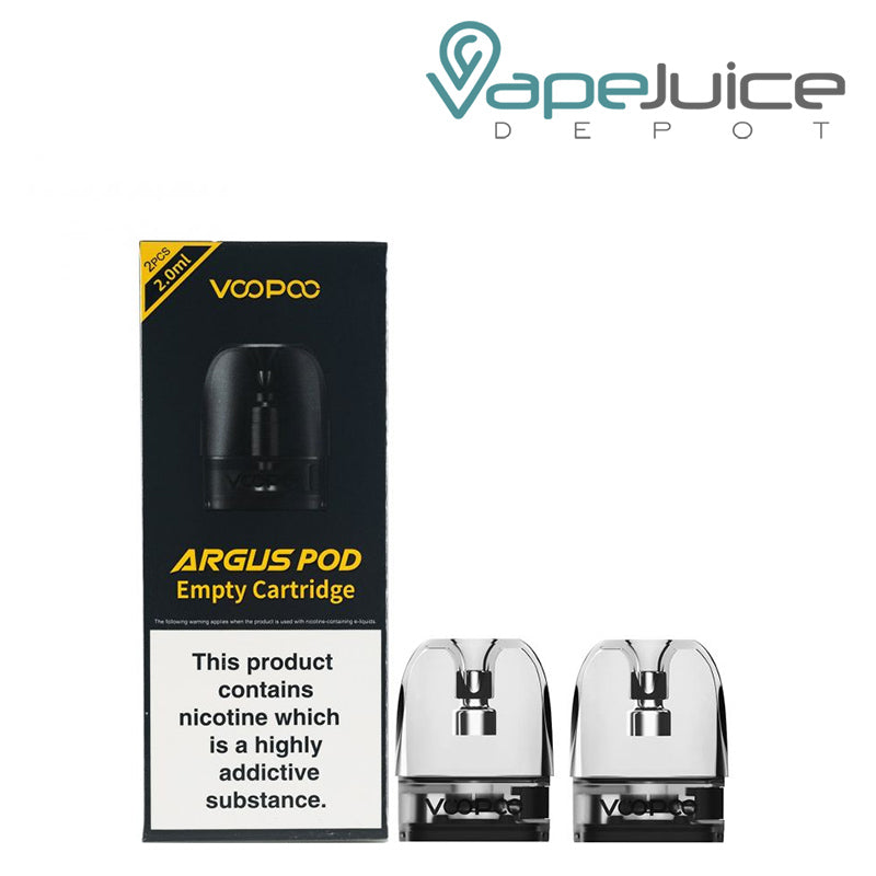 A Box of VooPoo ARGUS Replacement Pods with a warning sign and two pods next to it - Vape Juice Depot