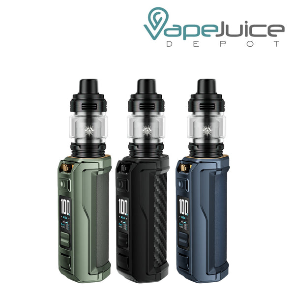 Three Colors of VooPoo ARGUS XT 100W Starter Kit with display screen and adjustment buttons - Vape Juice Depot